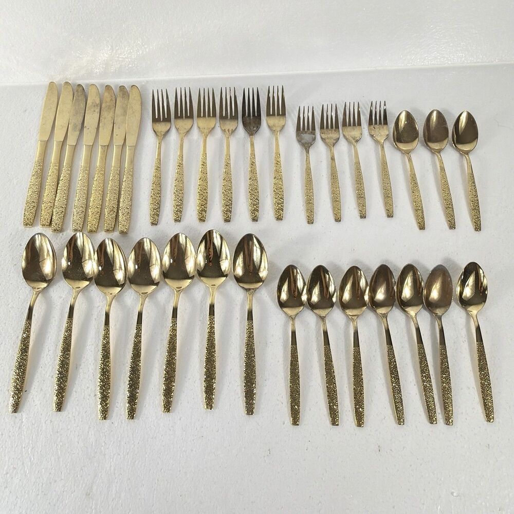 Vintage Lifetime Cutlery Gold Stainless Flatware Set of 35 Pieces Textured MCM